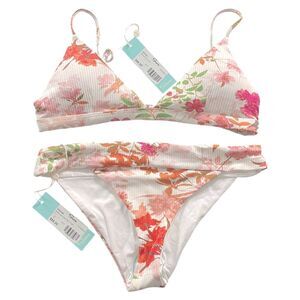Shore Floral Ribbed Bikini Set California Coastal Tropical Swimwear M/L